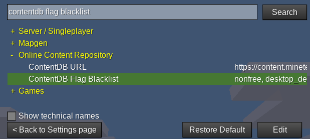 Screenshot of the ContentDB Flag Blacklist setting