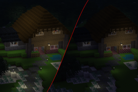 Dual screenshot of a house with uniform lighting / emphasized lighting.