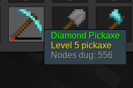 A diamond pickaxe, with many nodes dug, level 5.