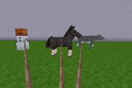 A snow golem, a horse, and a cow on leads