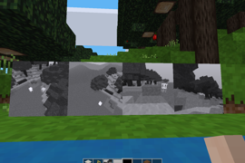A scene in Minetest game with four in-game photo entities side by side.