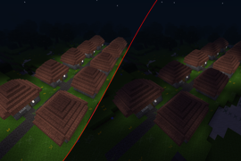 Dual screenshot of a row of houses with uniform lighting / emphasized lighting.