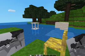 An Xcam photo of a scene in Minetest game with the simple furniture mod and water.