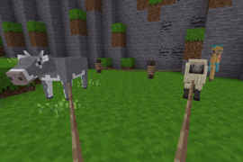 A cow and a sheep held on leads, while a sand monster is tethered to a post in the background