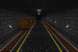 An underground railway station built out of deepslate bricks, blocks, and tiles