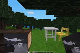 An Xcam photo of a scene in Minetest Game with the simple furniture mod.