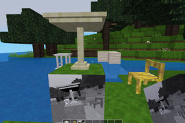 A scene in Minetest game with the simple furniture mod and water and an Xcam photo of the scene.