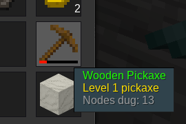 A wooden pickaxe with 13 nodes dug, level 1