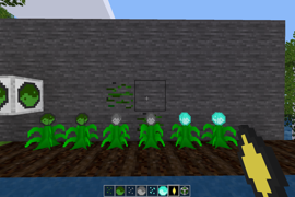 Crops and Essence Harvester, with seeds, essence, and infusion stone in hotbar.