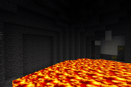 A lava-filled cavern with deepslate walls