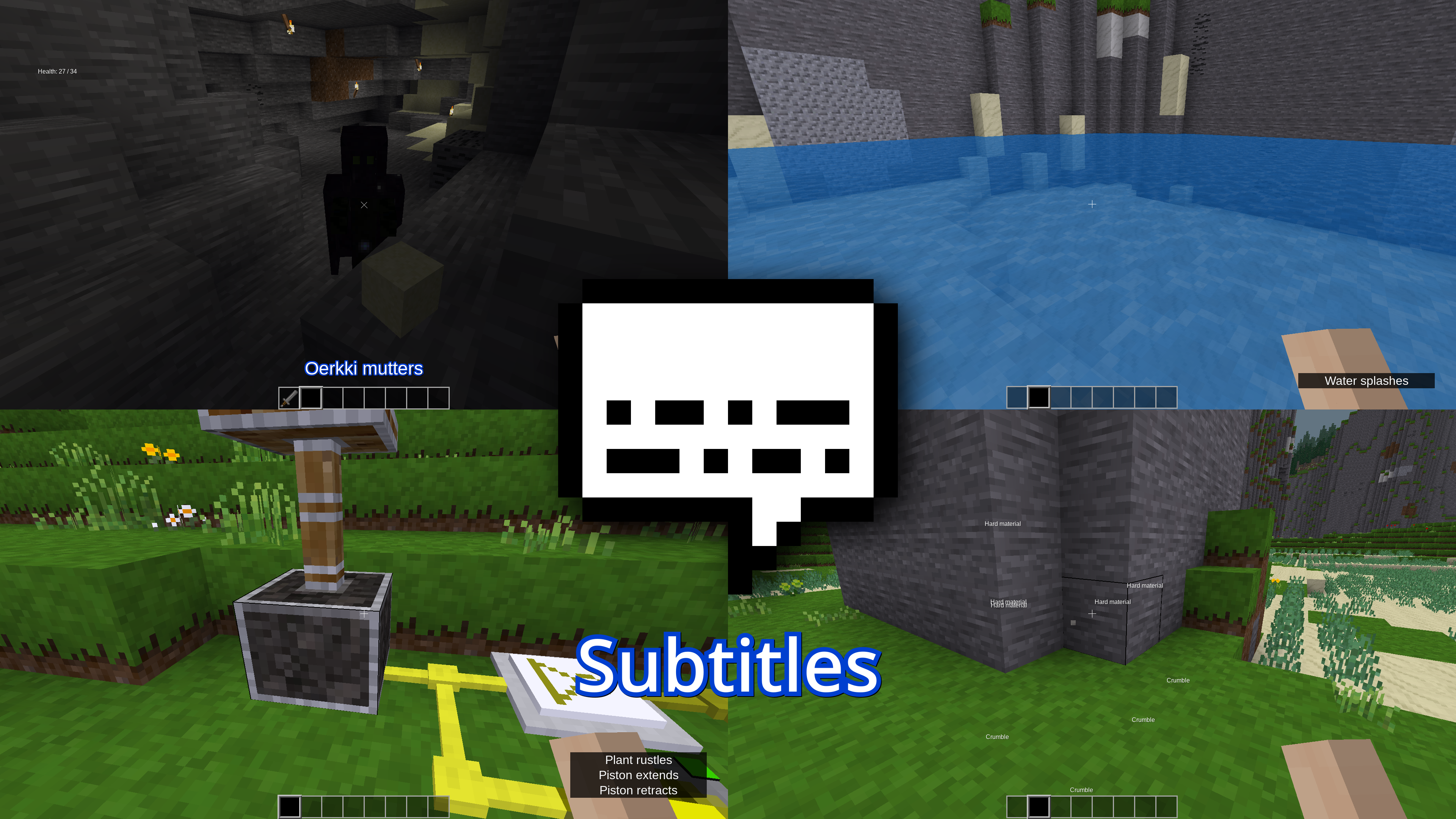 The subtitles icon over four screenshots showing various subtitles