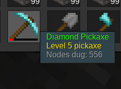 A diamond pickaxe, with many nodes dug, level 5.