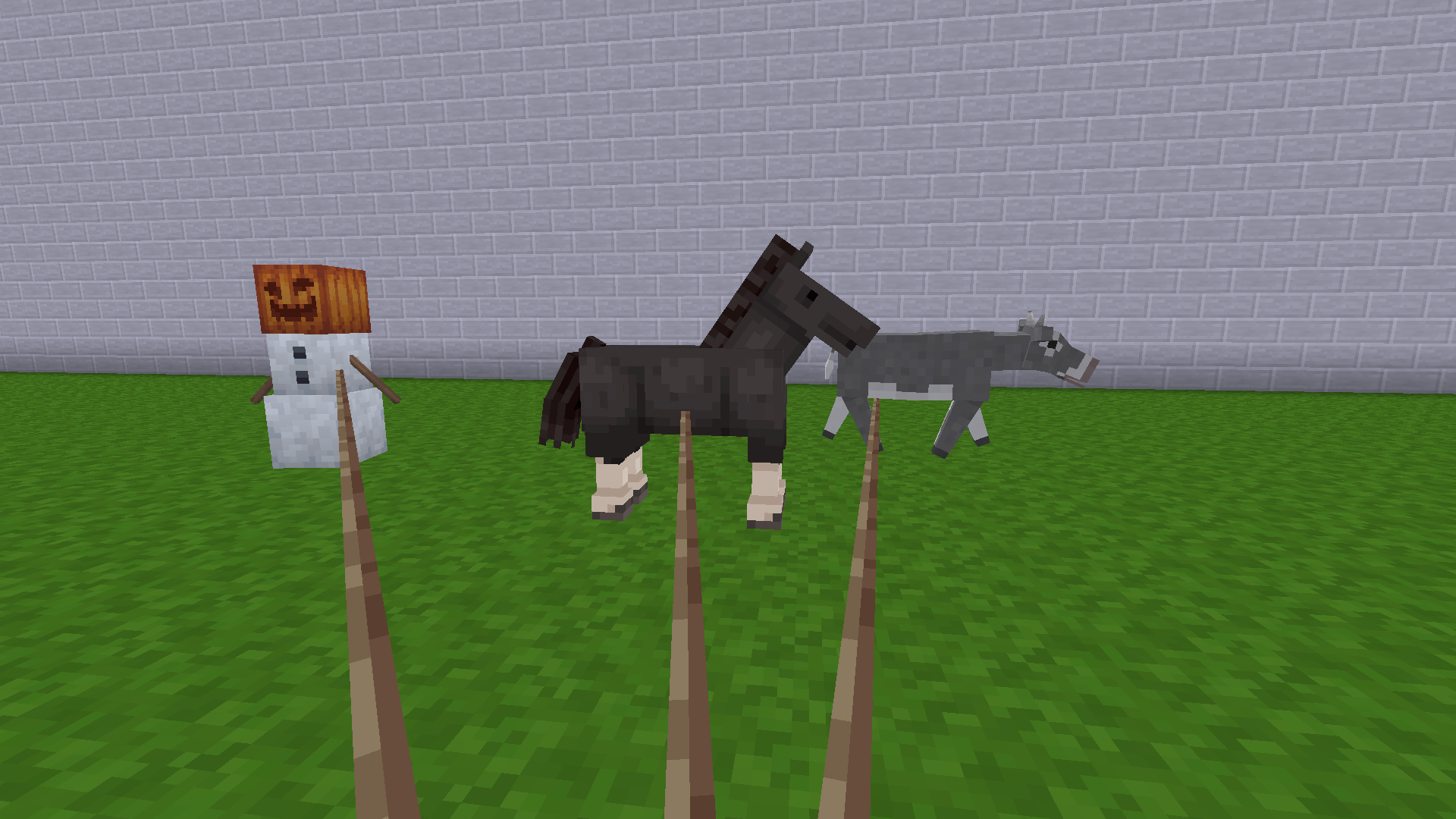 A snow golem, a horse, and a cow on leads