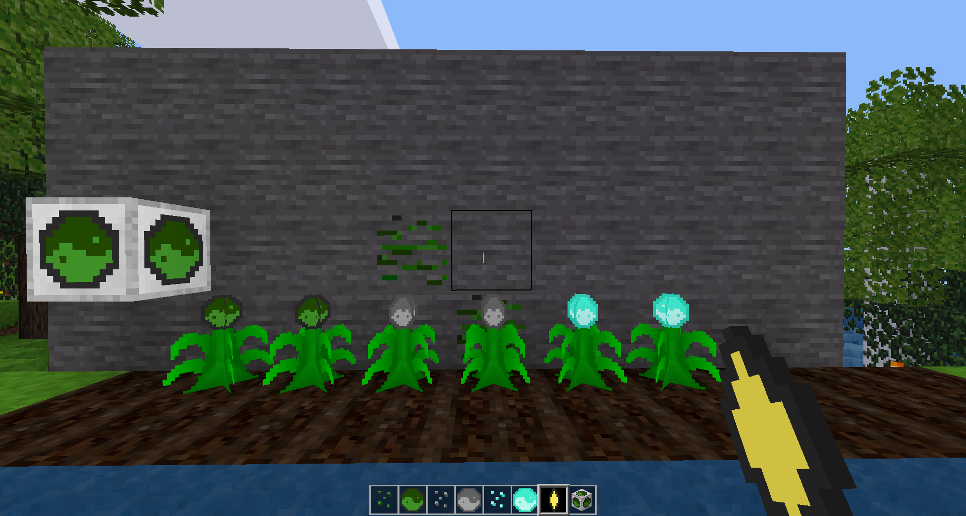 Crops and Essence Harvester, with seeds, essence, and infusion stone in hotbar.