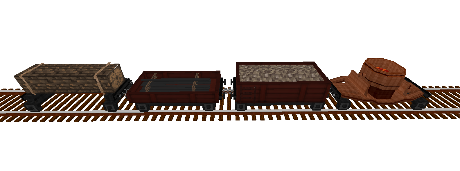 Side view of rake of freight train wagons: tree, track, gravel and lava wagons
