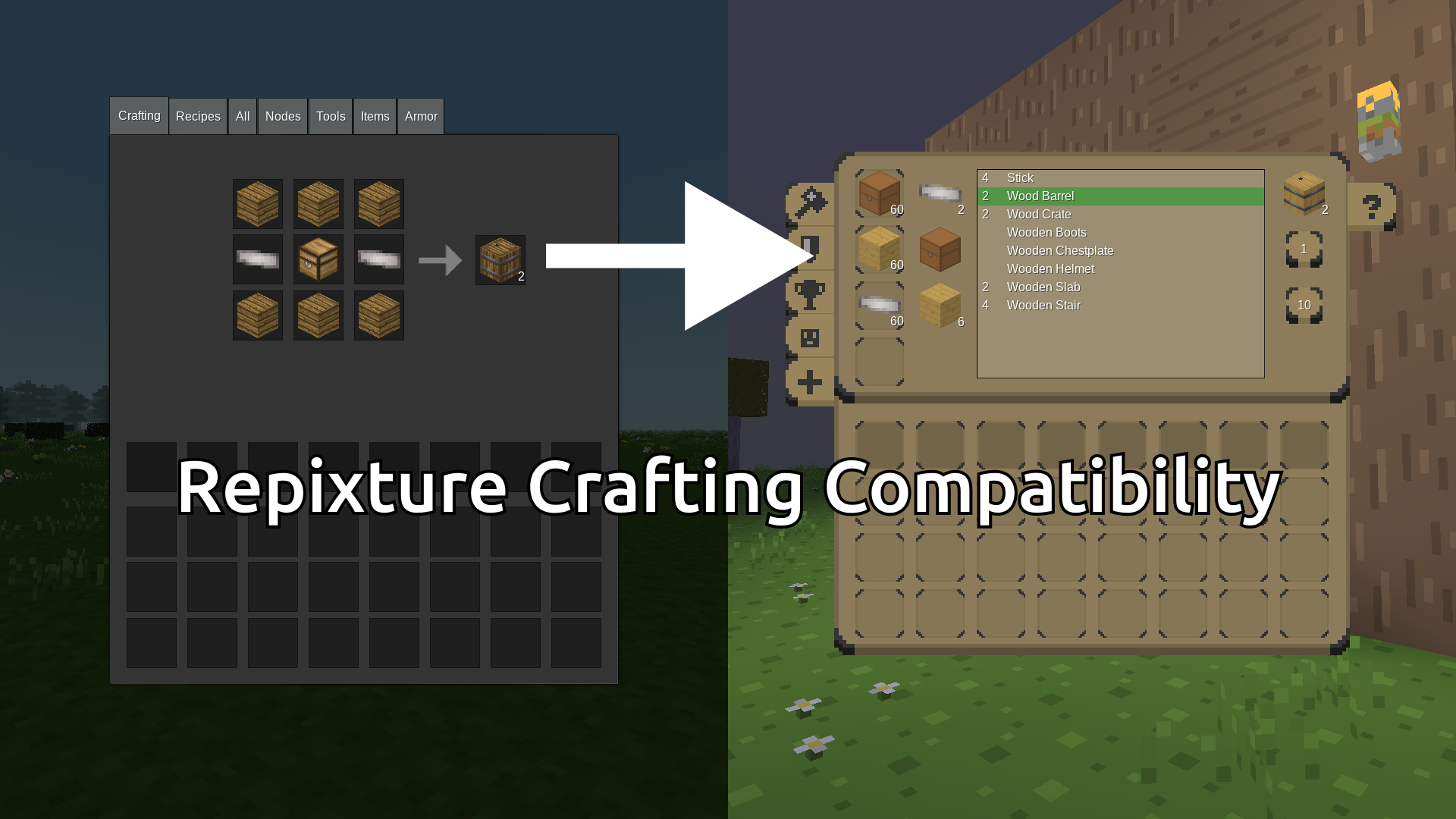 An arrow pointing from the Minetest Game crafting grid to the Repixture crafting menu
