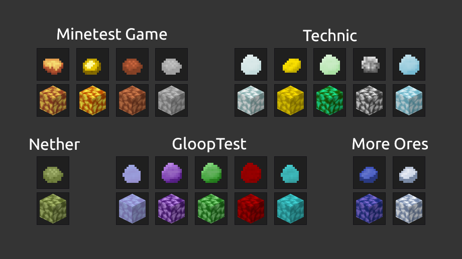 A chest full of metal lumps and their associated blocks